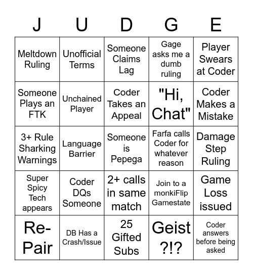 LCS 13 Judge Bingo Card