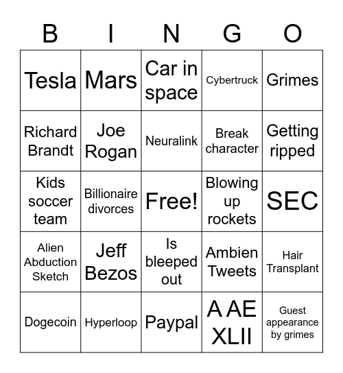 Elon Musk SNL Bingo Card