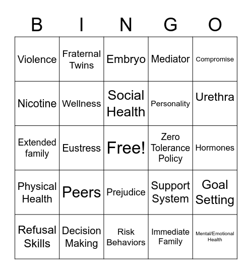 Health Vocab Bingo Card