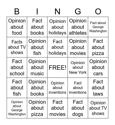 Fact vs. Opinion Bingo Card