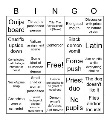 Possession Movie Bingo Card