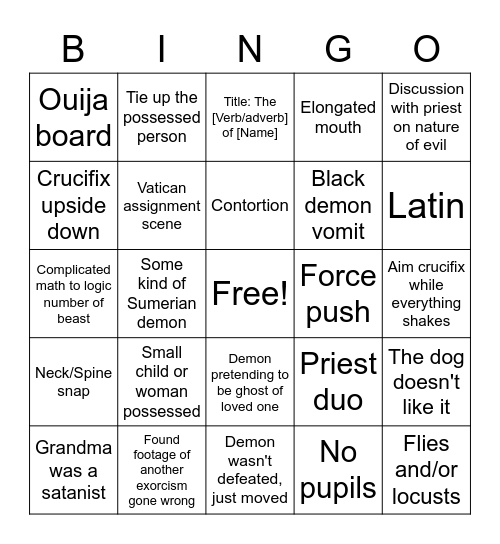 Possession Movie Bingo Card