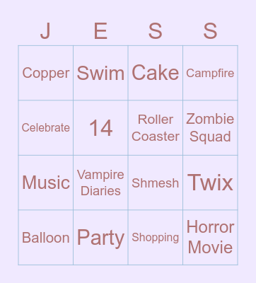 Jess's Birthday Bingo Card