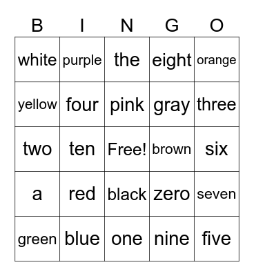 Color and Number Words Bingo Card