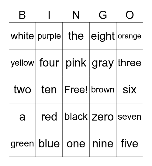 Color and Number Words Bingo Card