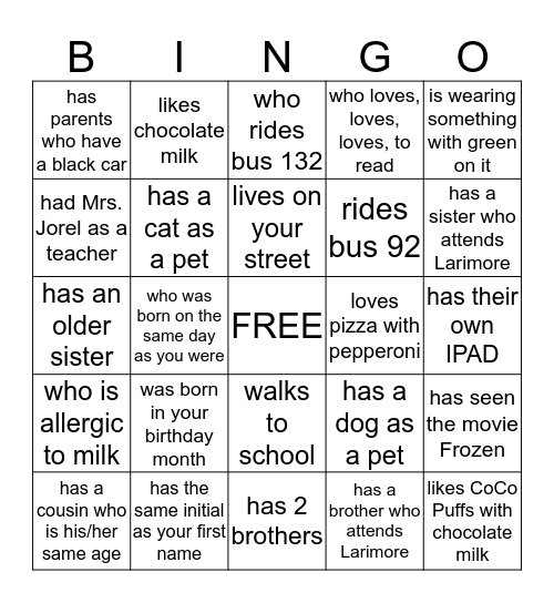 Indoor Recess Bingo Fun - Find someone who... Bingo Card