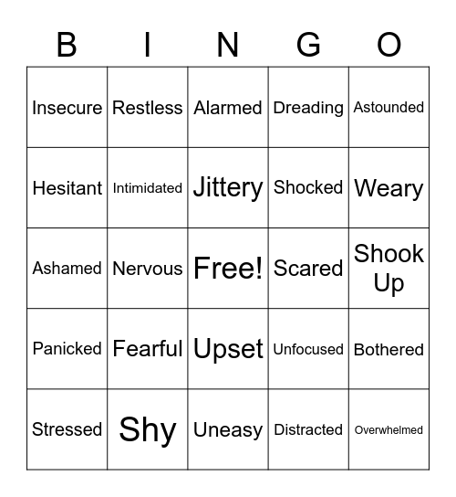 Anxiety Words Bingo Card