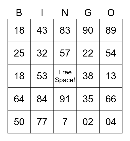 Card #1 Bingo Card