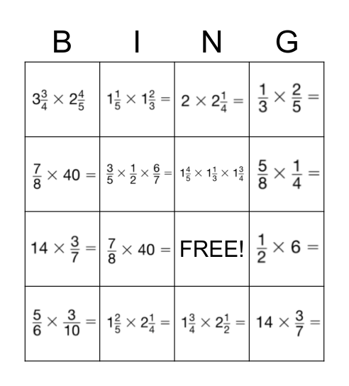 Multiplying Fraction Review Bingo Card