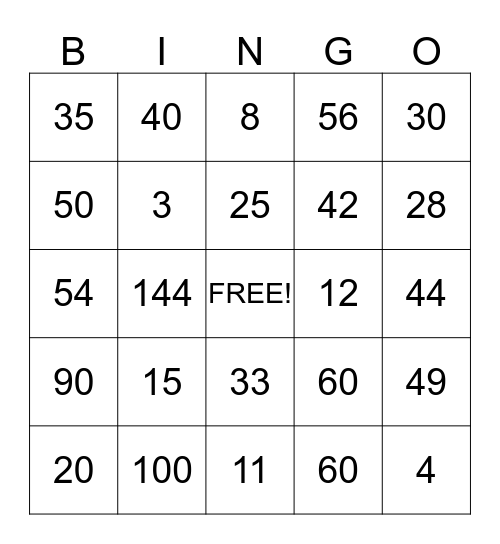 Multiplication BINGO 1 - 12 Bingo Card