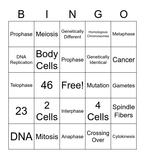 Cell Cycle Bingo Card