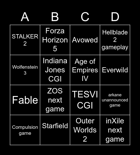 XGS E3 & BE3 Bingo Card Bingo Card