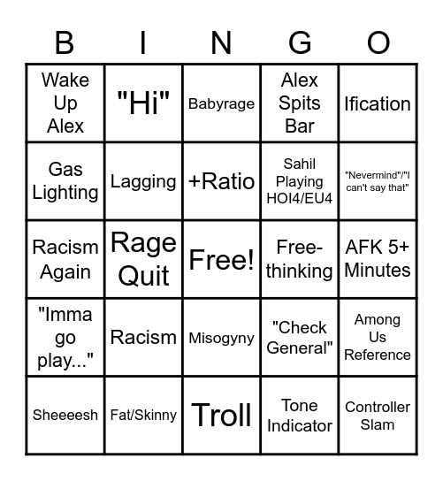 Idiocy Bingo Card