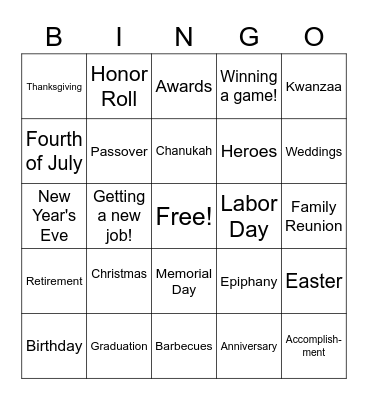 All the ways we celebrate! Bingo Card