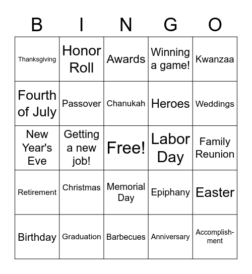 All the ways we celebrate! Bingo Card