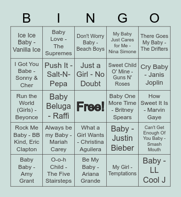 Beth's Virtual Baby Shower Music Bingo! Bingo Card
