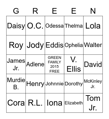2015 Green Family Reunion  Bingo Card