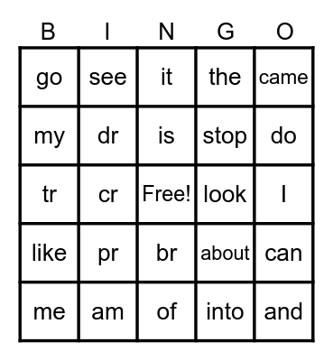 Sight Words and R Blends Bingo Card