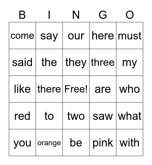 Heart Word Bingo Card