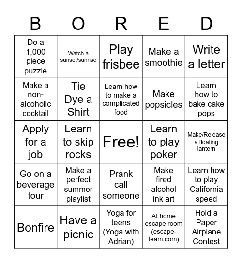 Bored Bingo Card