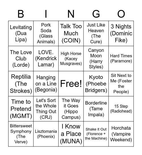 Music Bingo: Good Songs (According to Ruth) Bingo Card