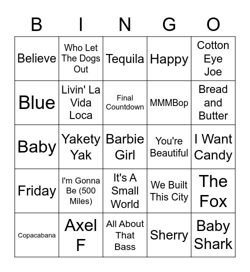 Most Annoying Songs Of All Time Bingo Card