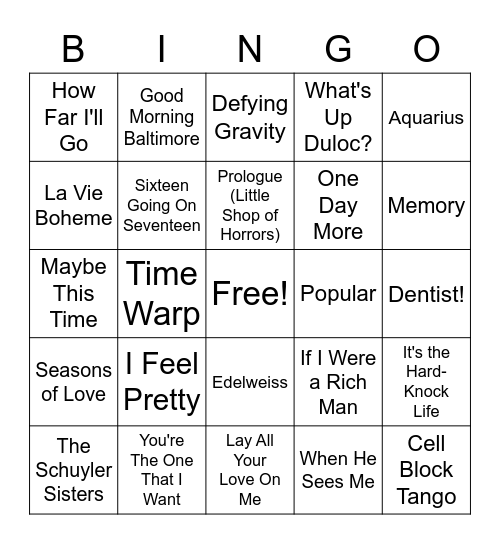 Music Bingo: Musical Theatre Bingo Card