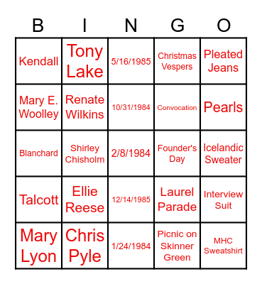 Class of 1986 Reunion Bingo Card