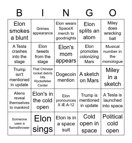 SNL Elon Musk Bingo Card