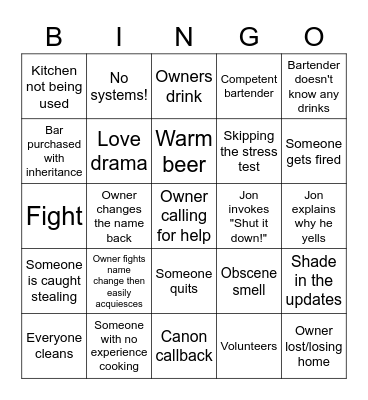 Bar Rescue Bingo Card