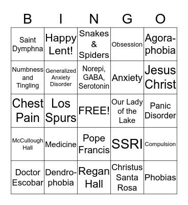All Things Anxiety Bingo Card