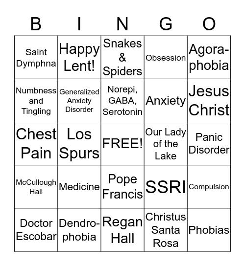 All Things Anxiety Bingo Card