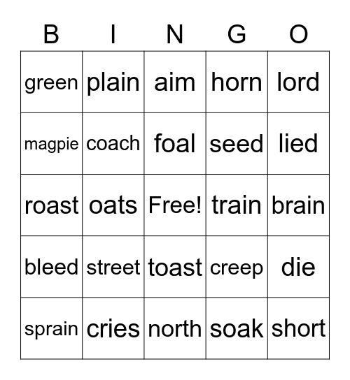 2 vowels 1 sound Bingo Card