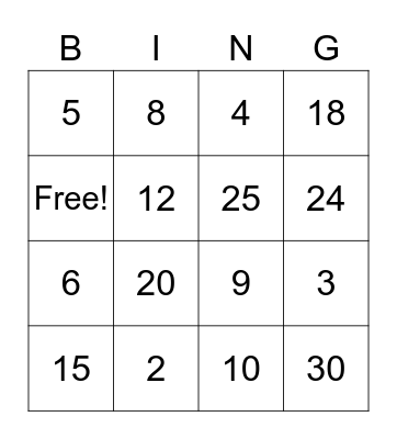 Multiplication Bingo Card