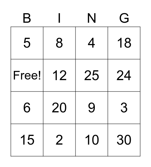 Multiplication Bingo Card