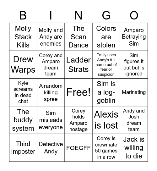 Among Us Shenanigans Bingo Card