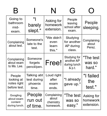 Victor's 10th Grade AP Adventure Bingo Card