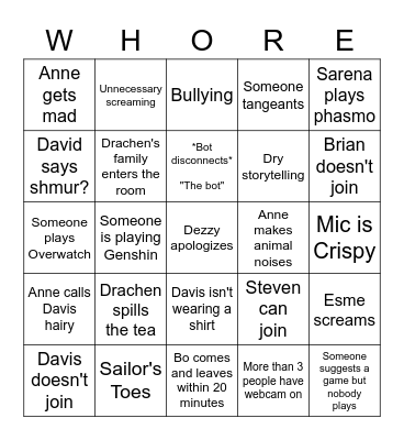 Whore House Bingo Card