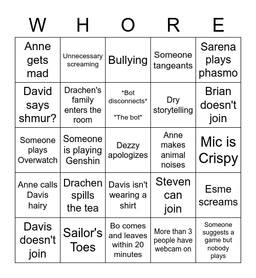 Whore House Bingo Card