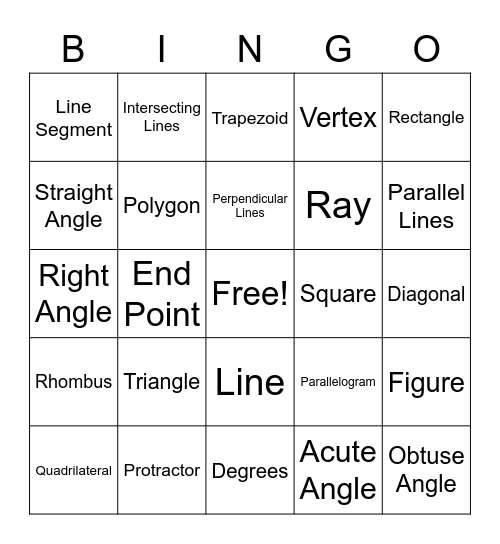Geometry Vocabulary #1 Bingo Card