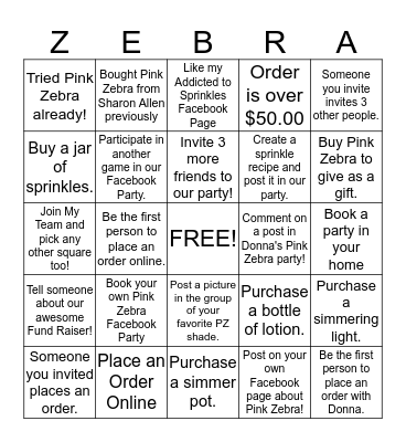 Donna's Pink Zebra Party Bingo Card