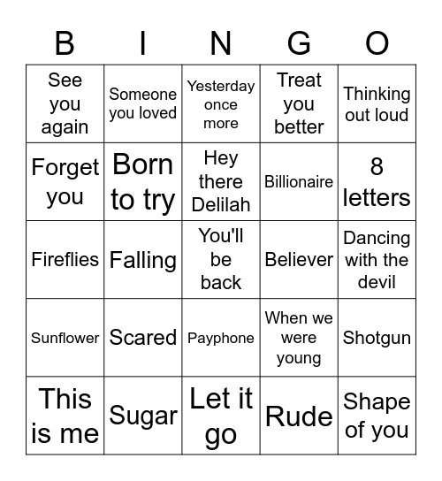 Songs Bingo Card