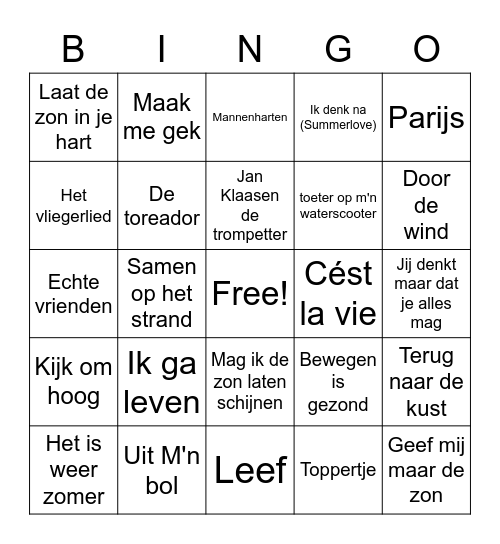 Nederlandse zomerhits Bingo Card
