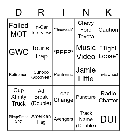 NASCAR Bingo Card