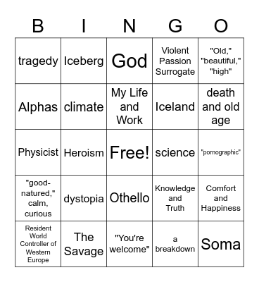 Brave New World BINGO (Ch. 16 - 17) Bingo Card