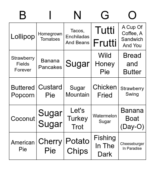 Songs With/About Food Bingo Card