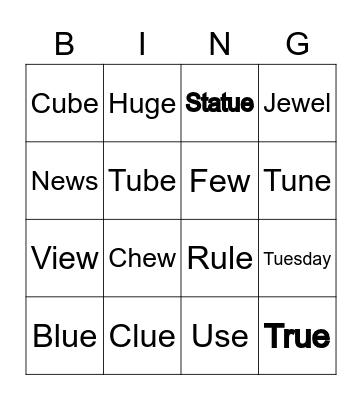 Long vowel U sounds Bingo Card