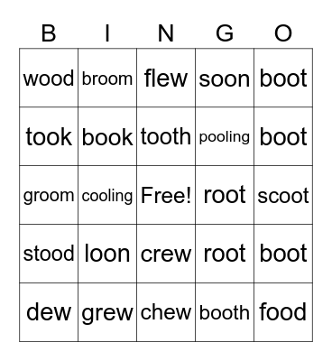 EW and OO Sound Words Bingo Card