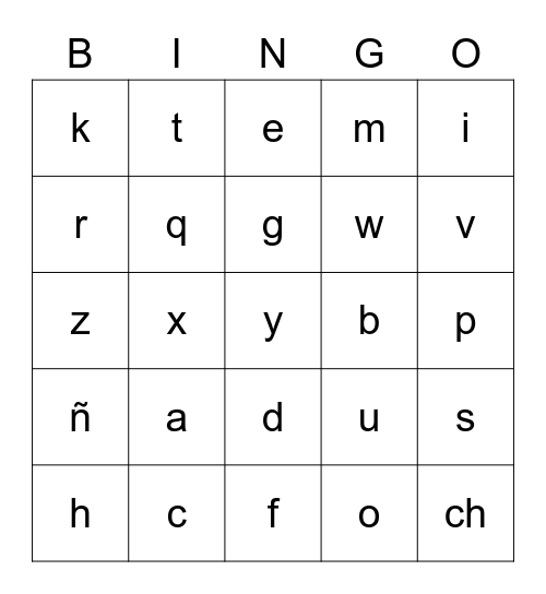 Spanish Alphabet Bingo Card