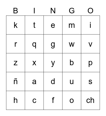 Spanish Alphabet Bingo Card